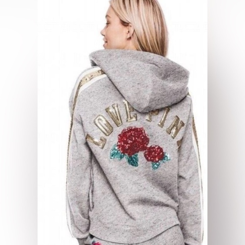 Victoria’s Secret PINK Sequin LOVE PINK Hoodie Lace‑Up | Y2K Roses | Medium